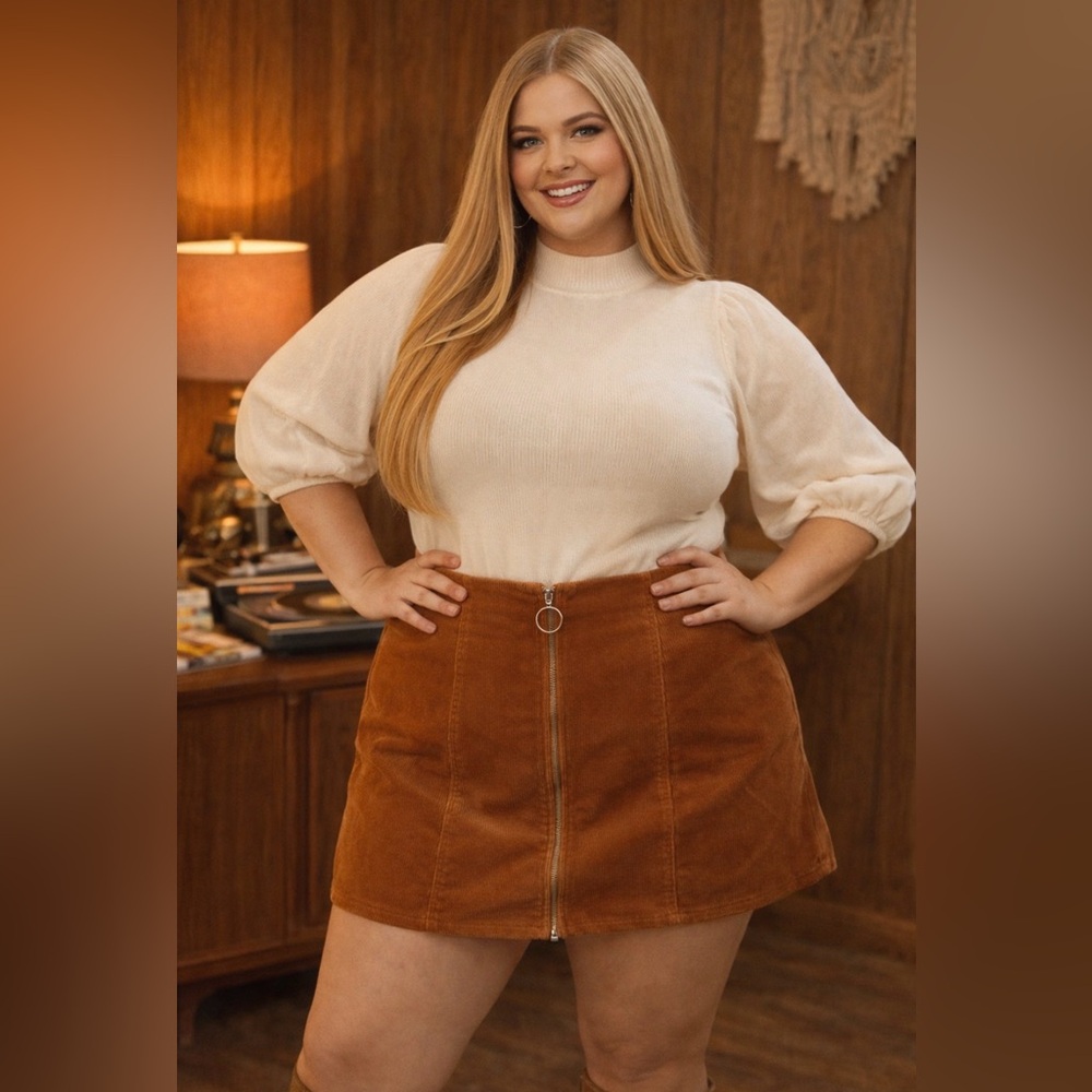 Forever 21 -,retro Y2K- Tan Corduroy Mini Skirt with zipper pull -plus size